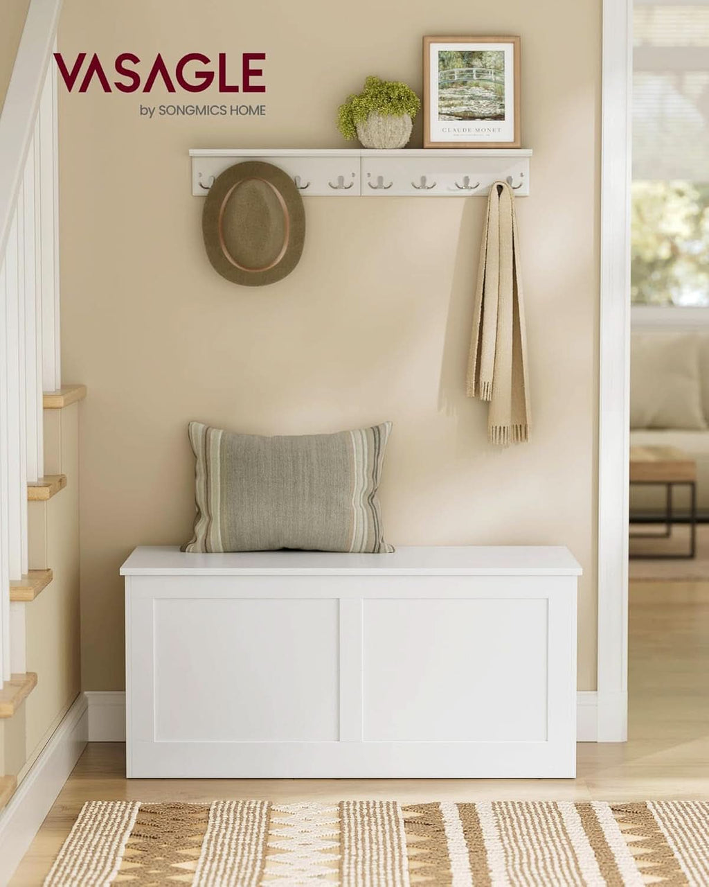 Cloud white entryway storage bench with open lid, revealing spacious interior hidden storage compartment. — view 2