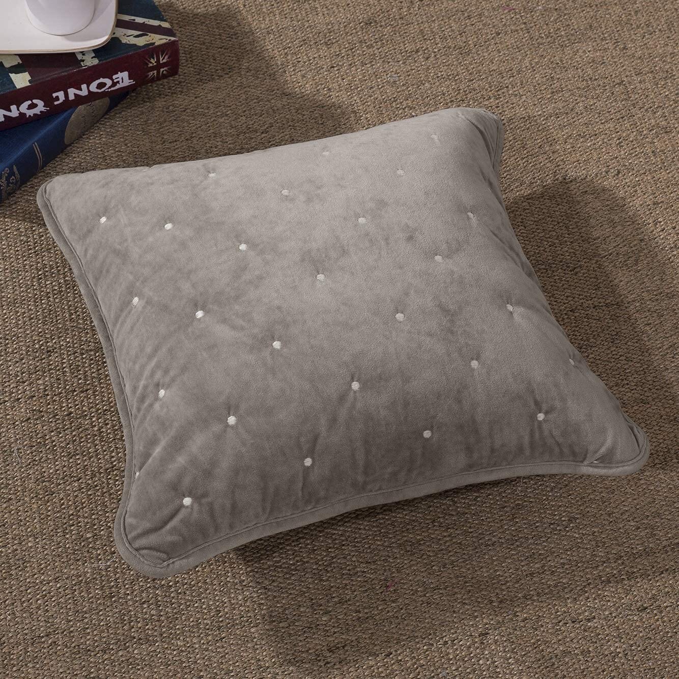 Sand taupe beige plush velvet diamond tufted cushion cover with hidden zipper — view 4