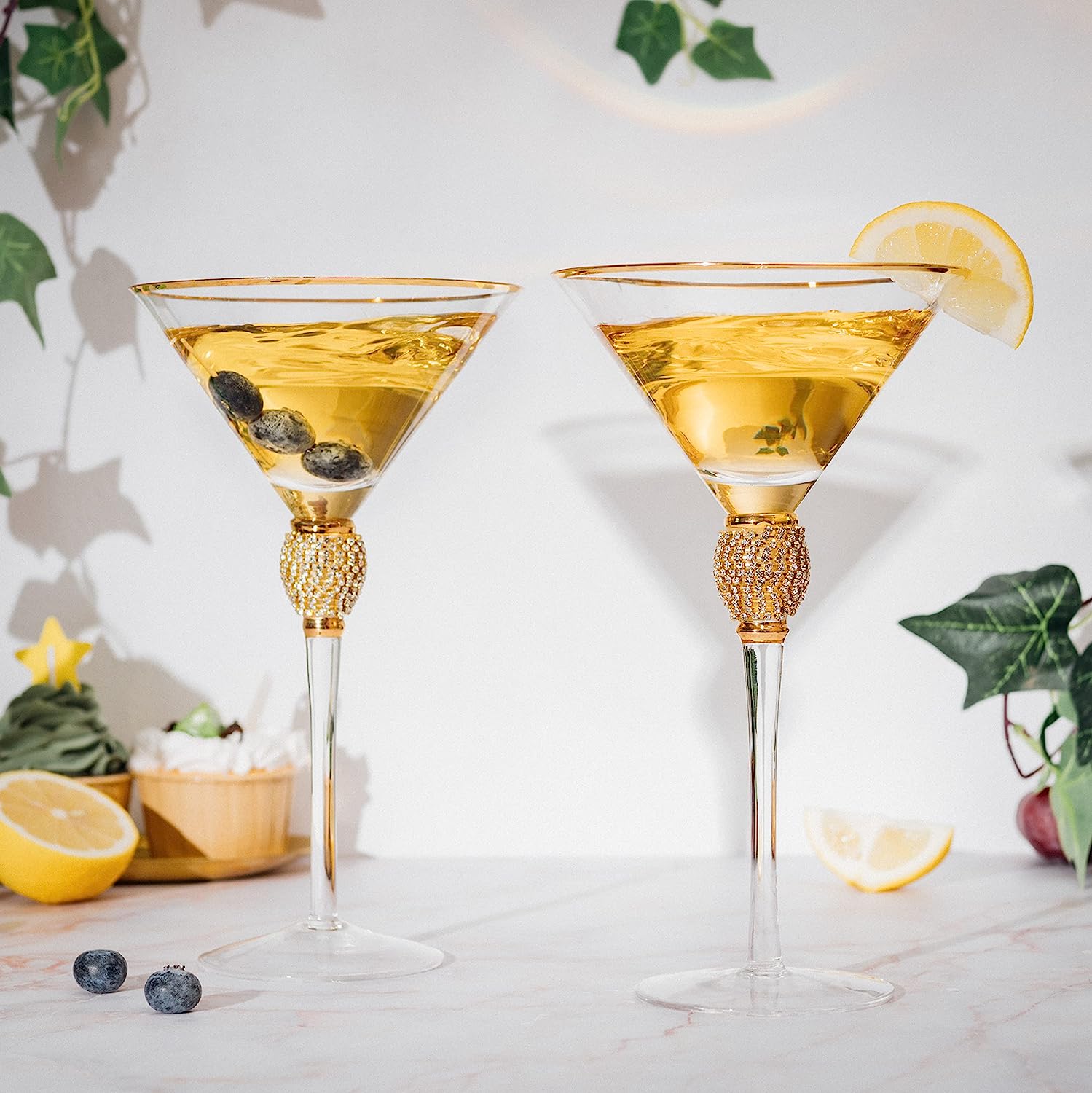 Diamond collection two piece stemmed martini glasses set featuring gold rims and crystal embellished centerpieces — view 2