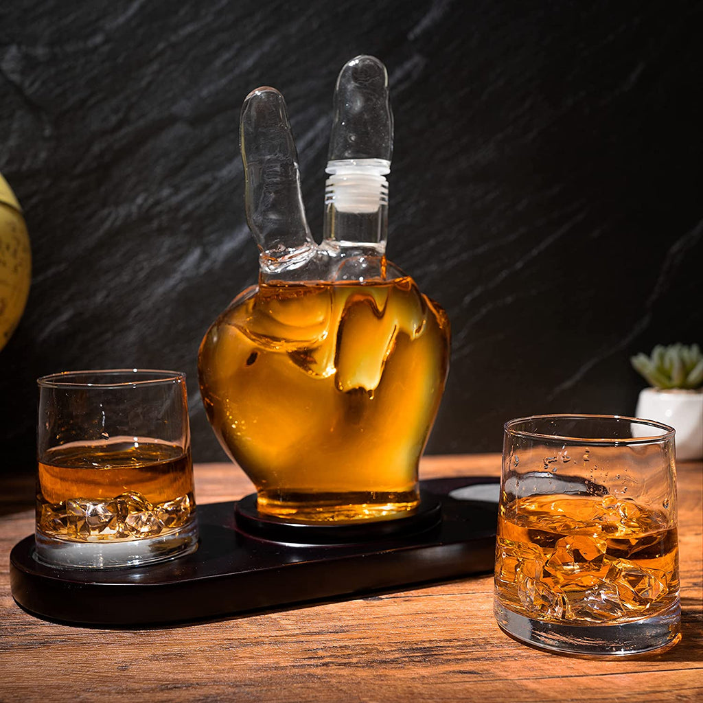 Peace sign wine and whiskey decanter crafted from clear glass for entertaining and home bars — view 2
