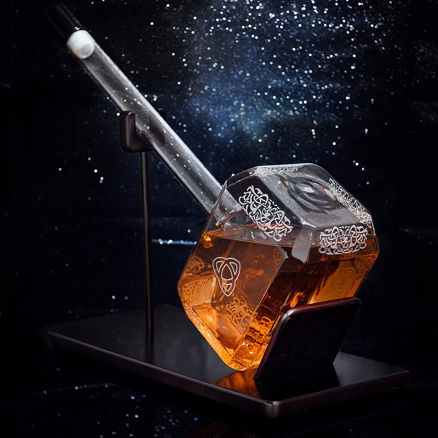 Clear hand-blown borosilicate glass Thor's hammer whiskey decanter for serving premium spirits at home. — view 2