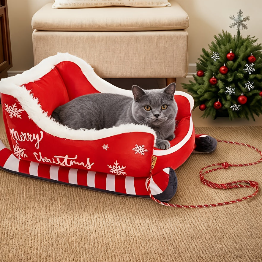 Red Christmas sled dog bed with white snowflake pattern in soft comfortable plush material — view 2