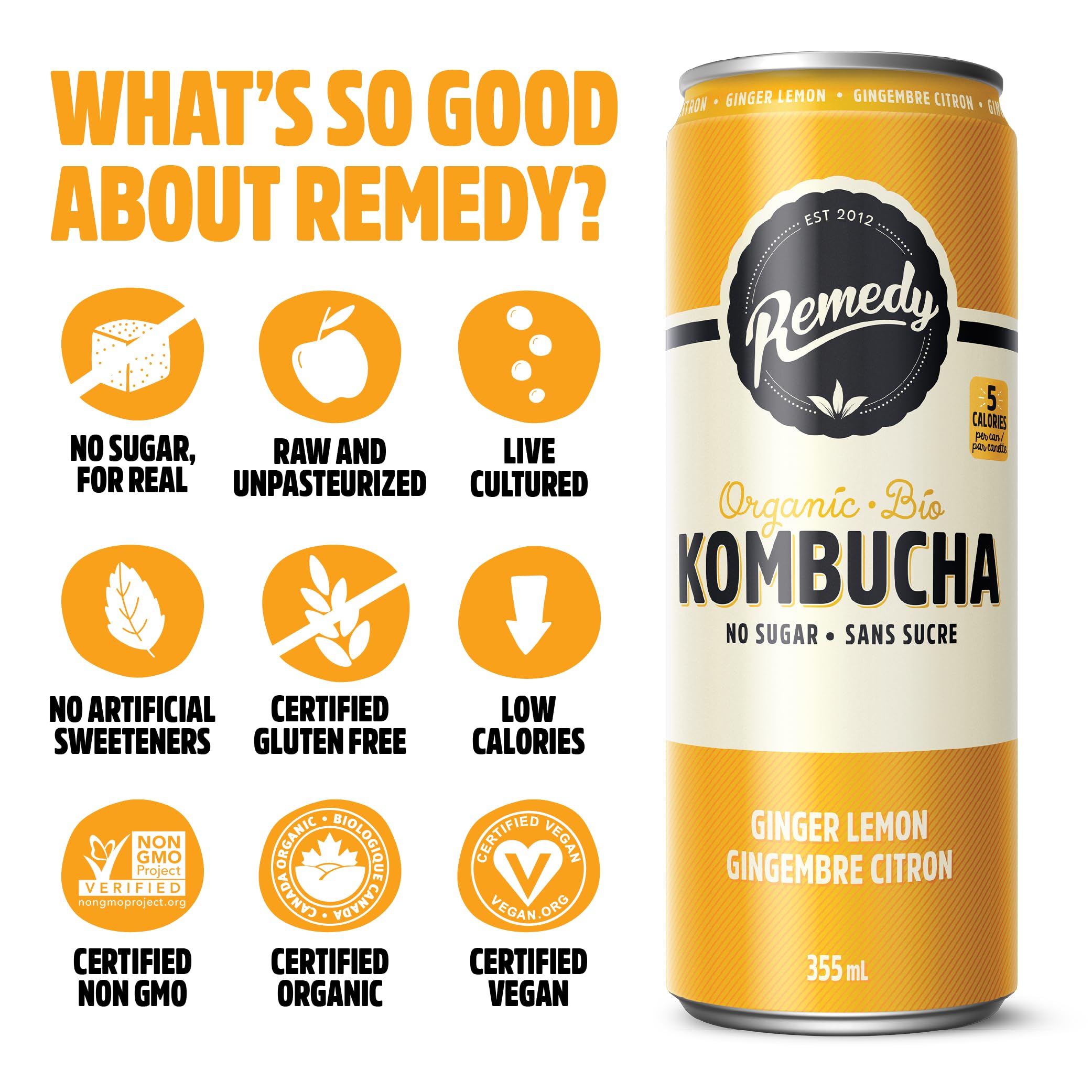 24-pack of Remedy Kombucha cans in six assorted flavors, organic zero-sugar sparkling drink. — view 3