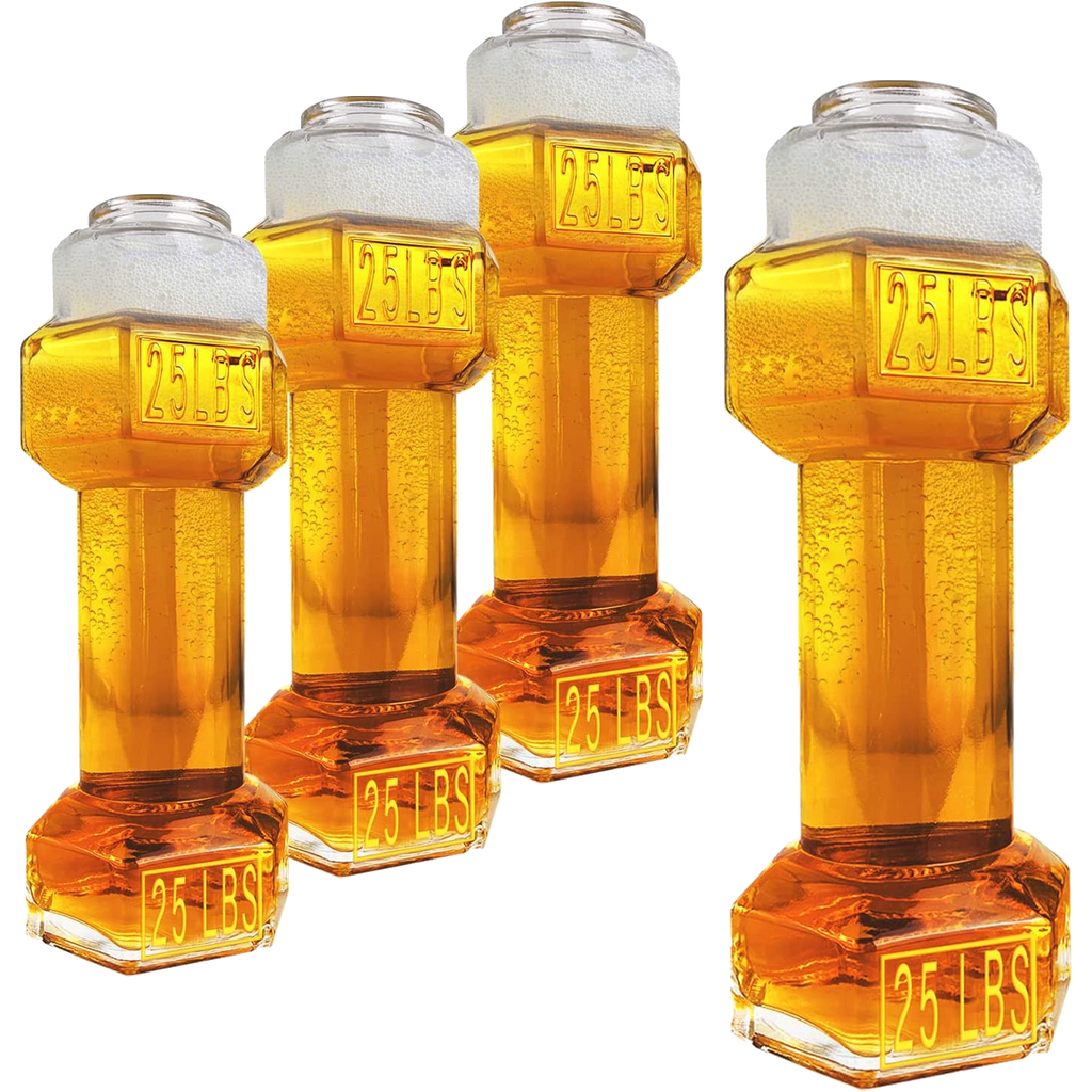Set of four clear hollow glass dumbbell shaped novelty whiskey and beer drinking glasses