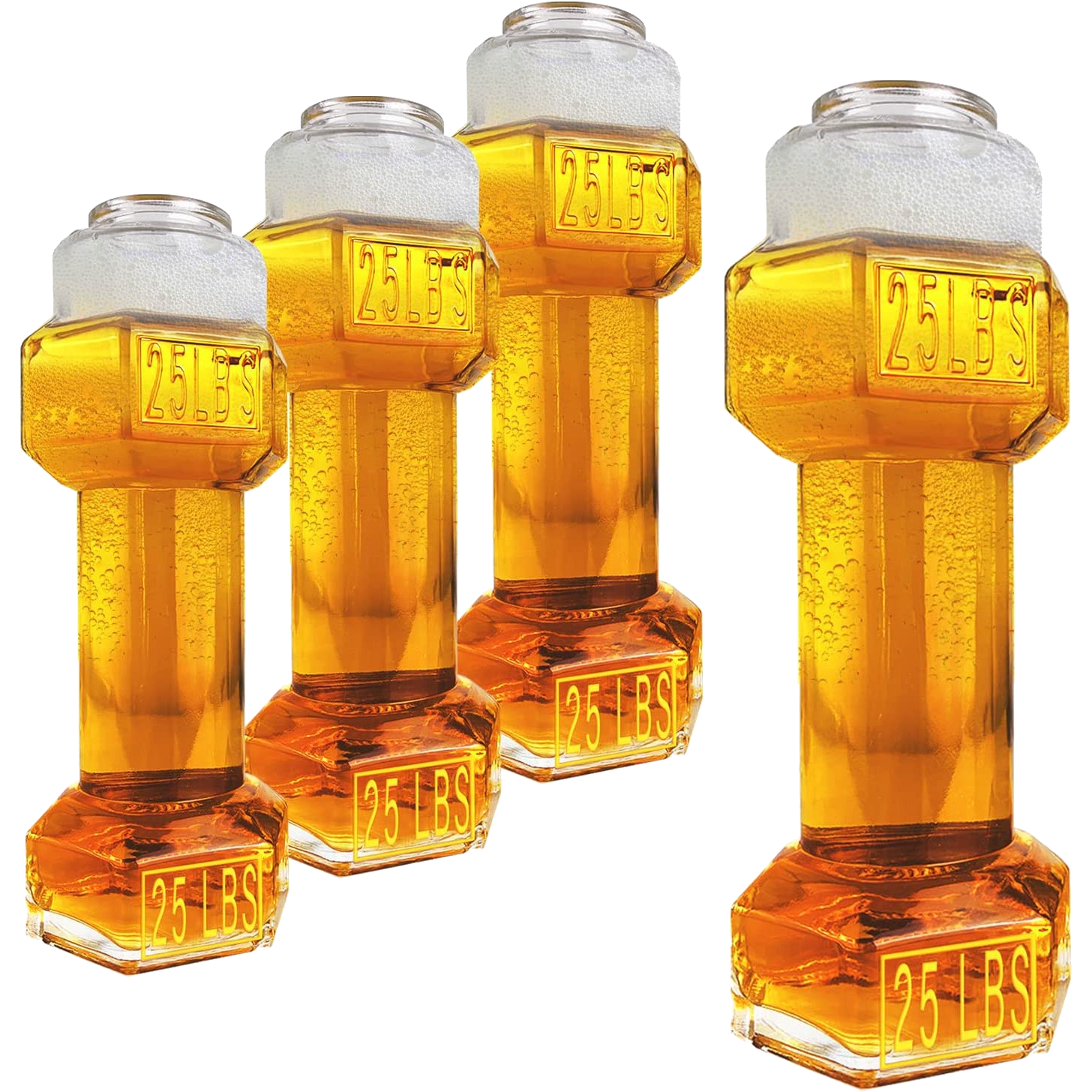 Set of four clear hollow glass dumbbell shaped novelty whiskey and beer drinking glasses