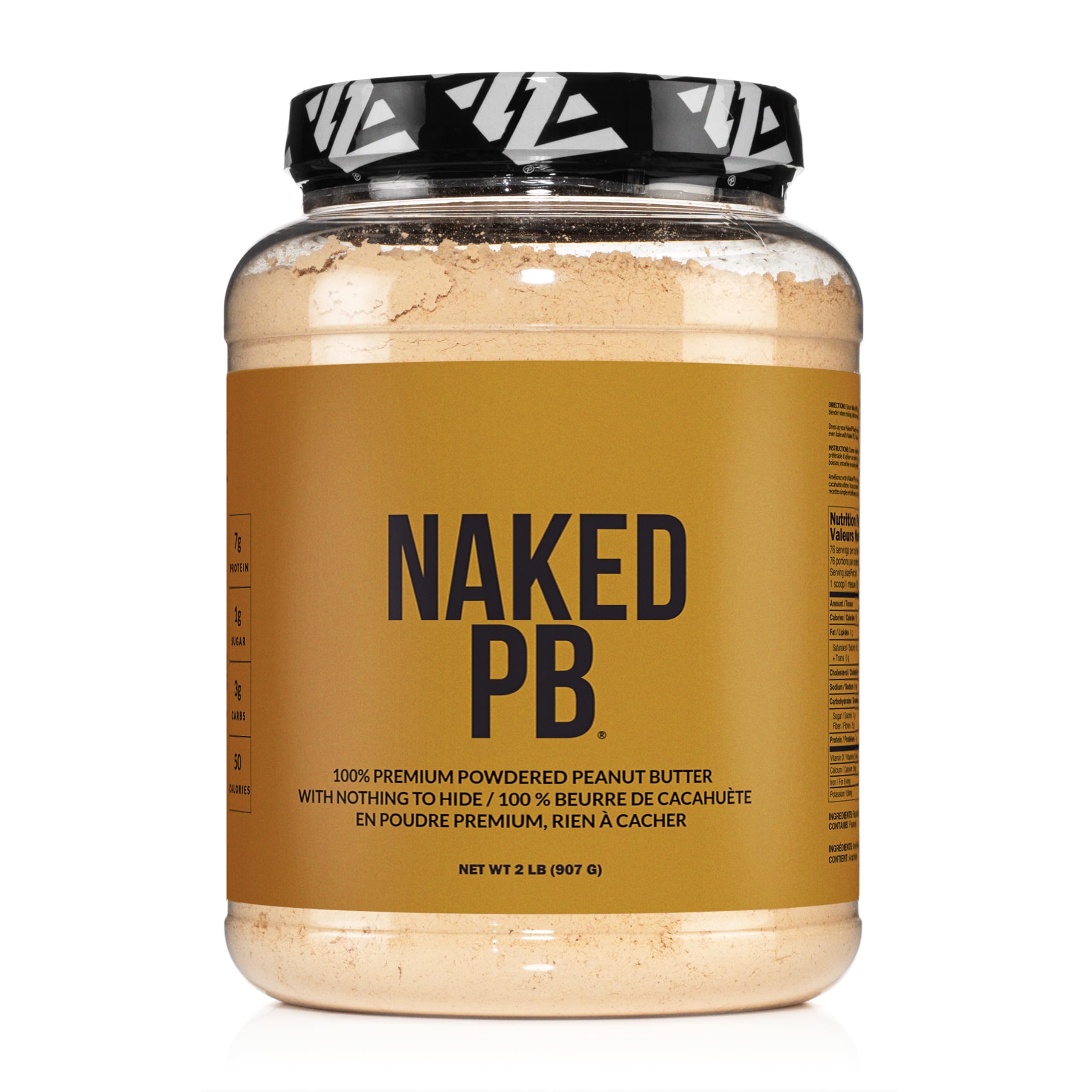 Naked PB powdered peanut butter in a two pound tub with pure roasted peanuts