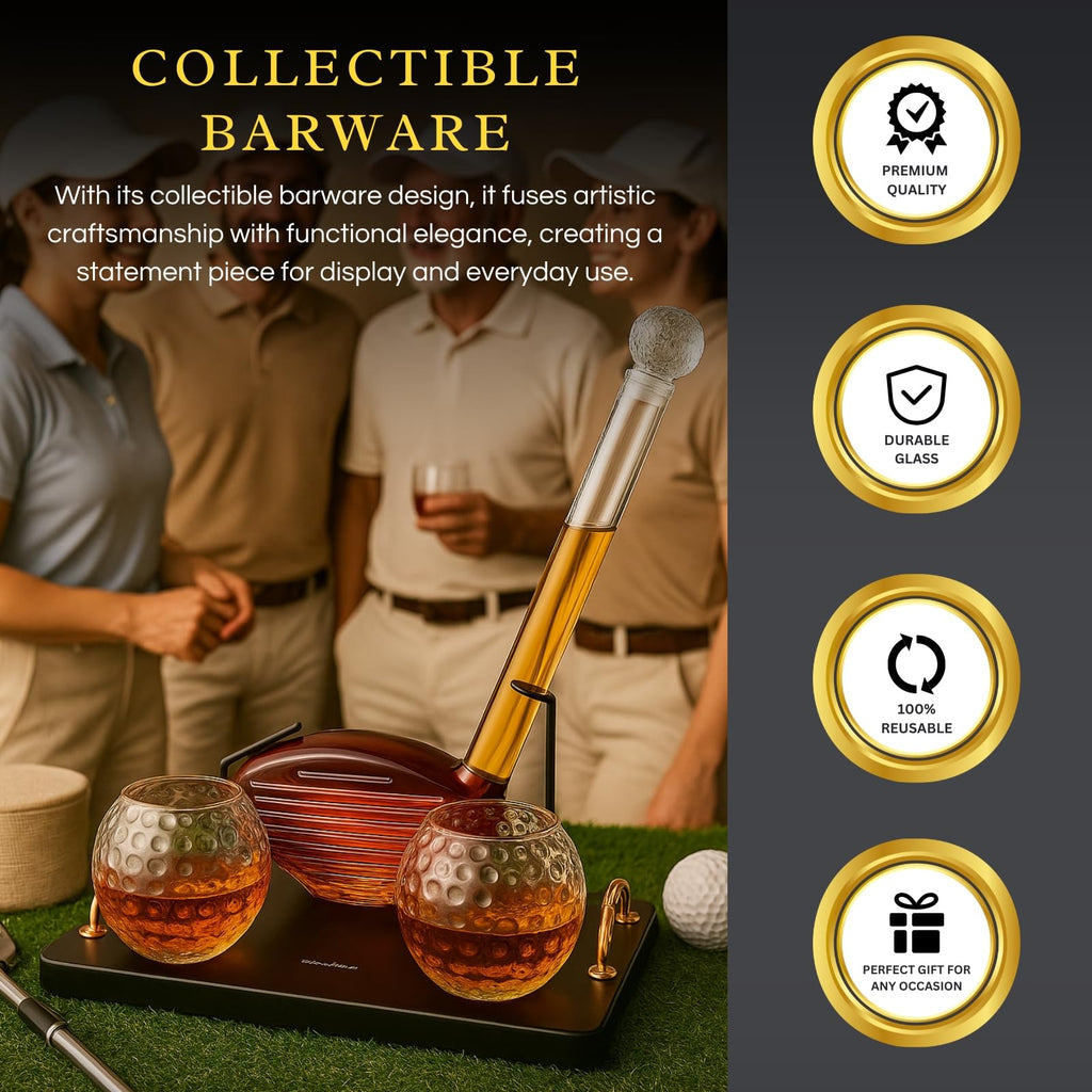 Crystal clear glass golf club shaped whiskey decanter set with two matching liquor tasting glasses — view 4
