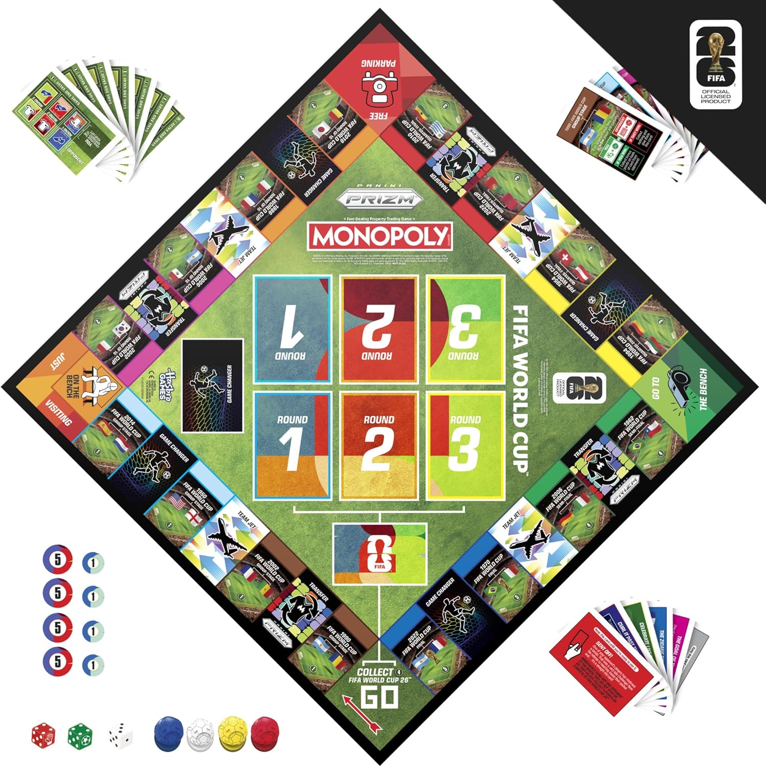 Monopoly FIFA board game box with football trading cards, dice, and player tokens on display — view 2