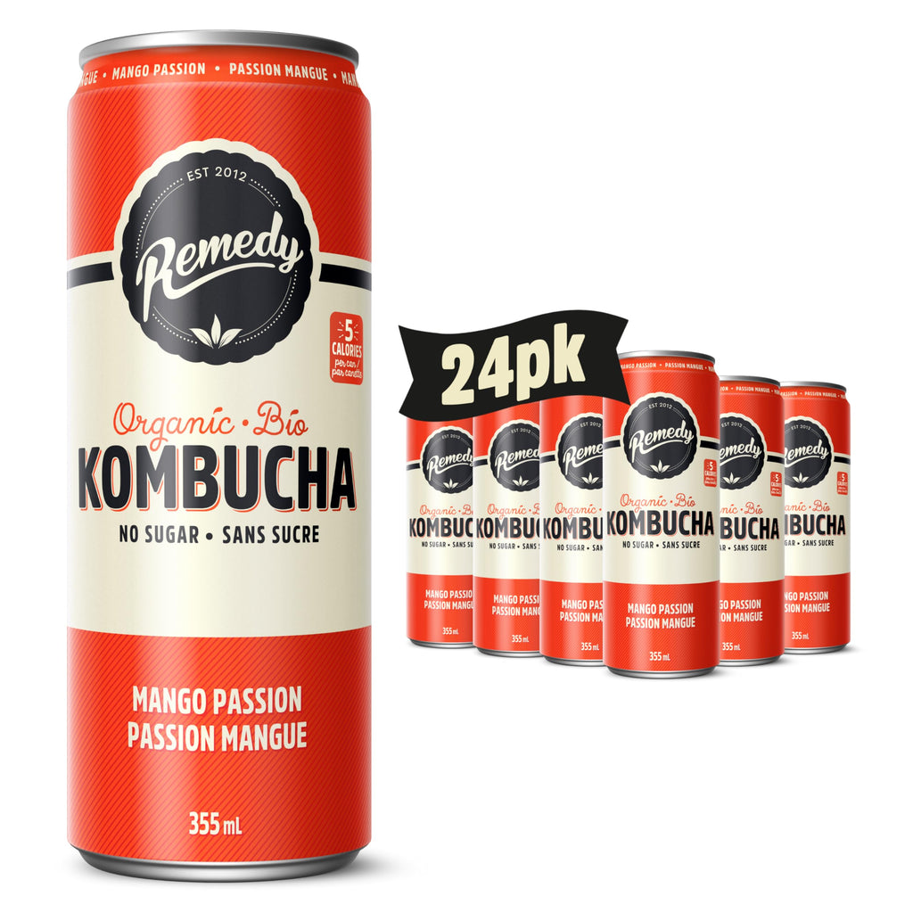 Remedy Mango Passion kombucha pack of twenty four vibrant yellow and orange printed aluminum beverage cans