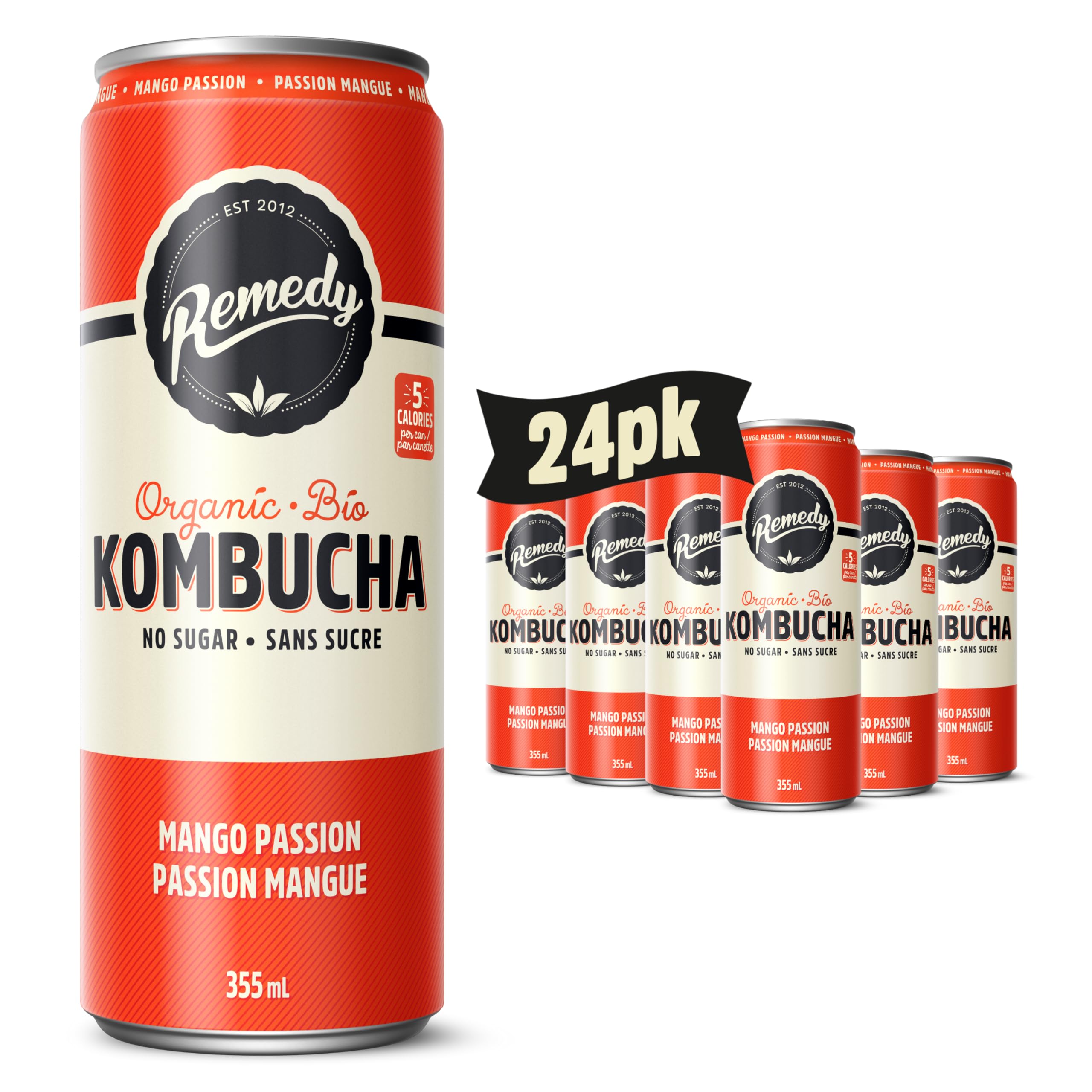 Remedy Mango Passion kombucha pack of twenty four vibrant yellow and orange printed aluminum beverage cans
