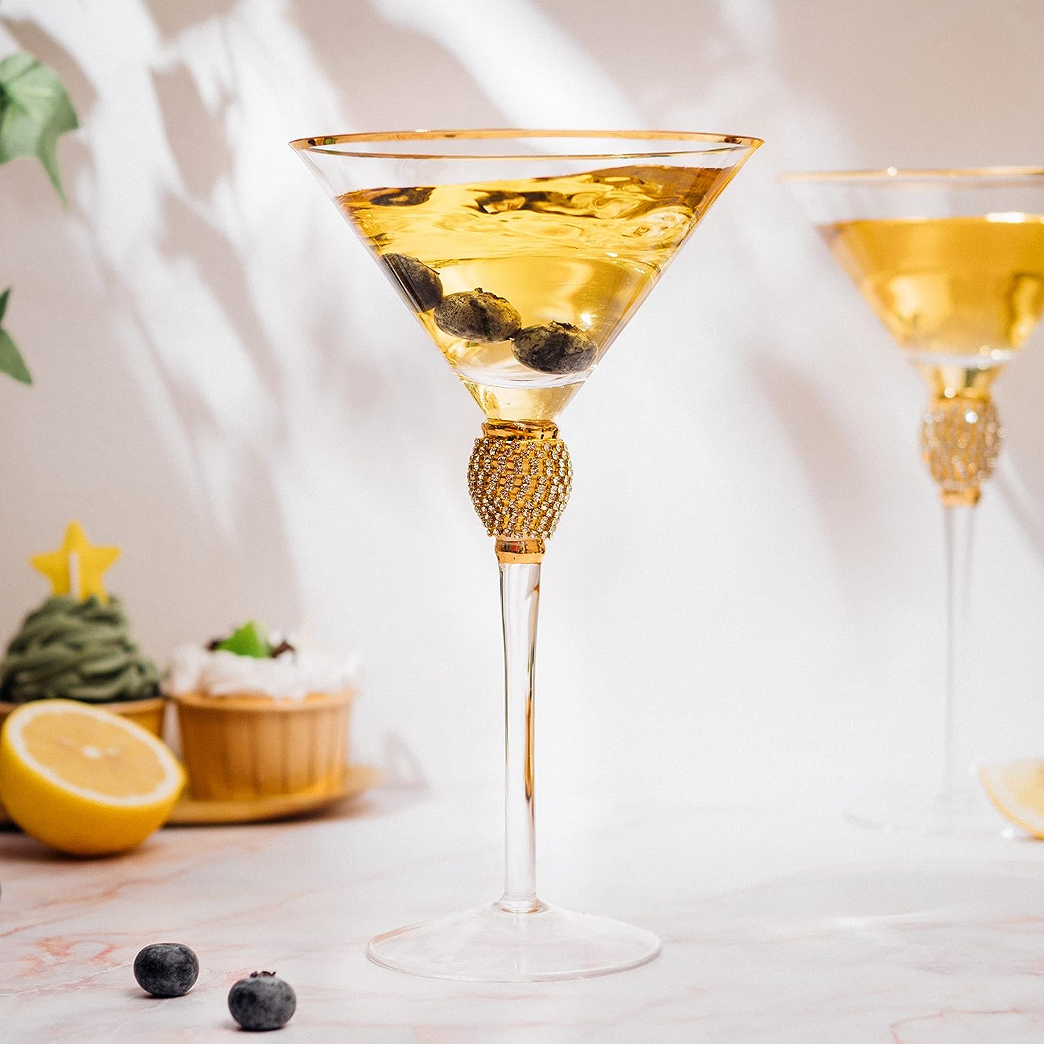 Diamond collection two piece stemmed martini glasses set featuring gold rims and crystal embellished centerpieces — view 3