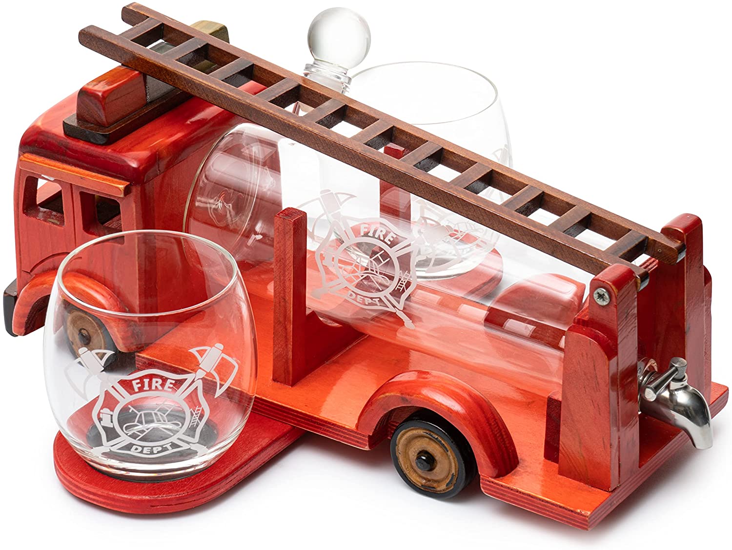 Hand-blown glass firetruck whiskey decanter set with two etched fire department glasses — view 5