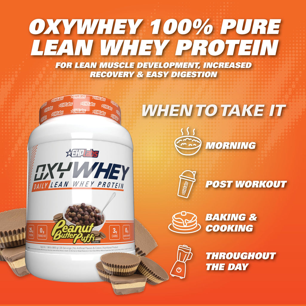 EHP Labs OxyWhey Peanut Butter Puffs protein powder tub, 27 servings of whey isolate. — view 5
