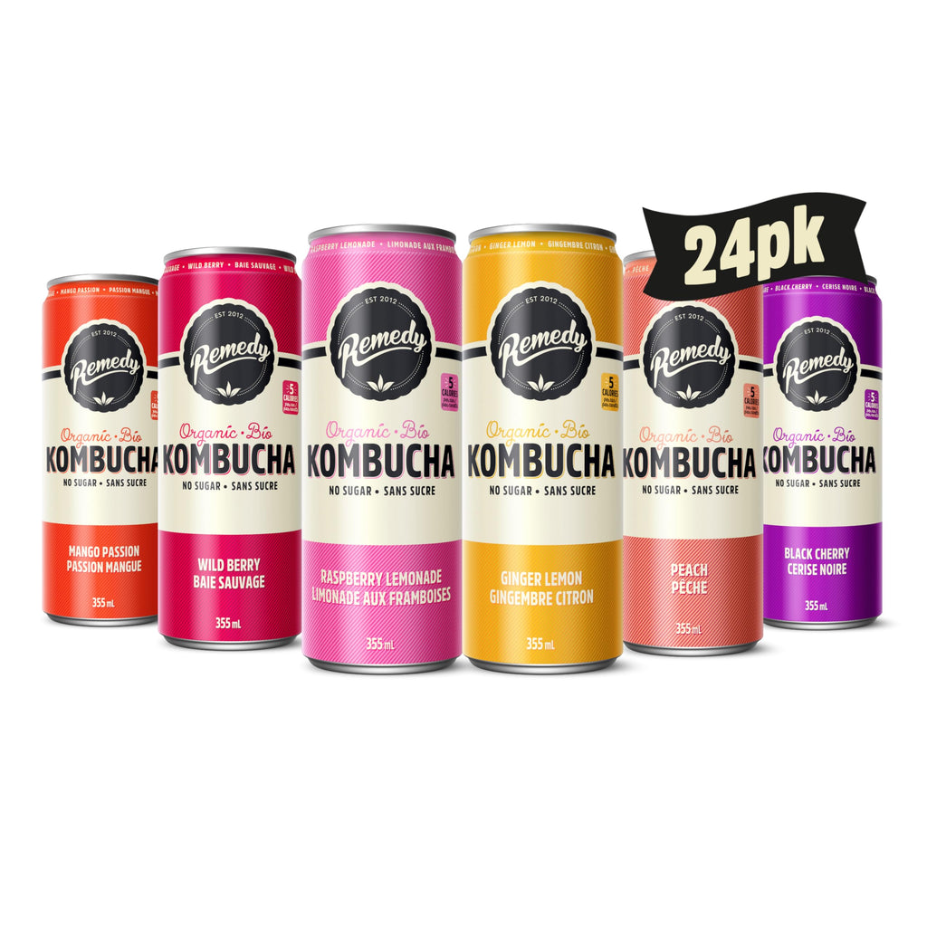24-pack of Remedy Kombucha cans in six assorted flavors, organic zero-sugar sparkling drink.