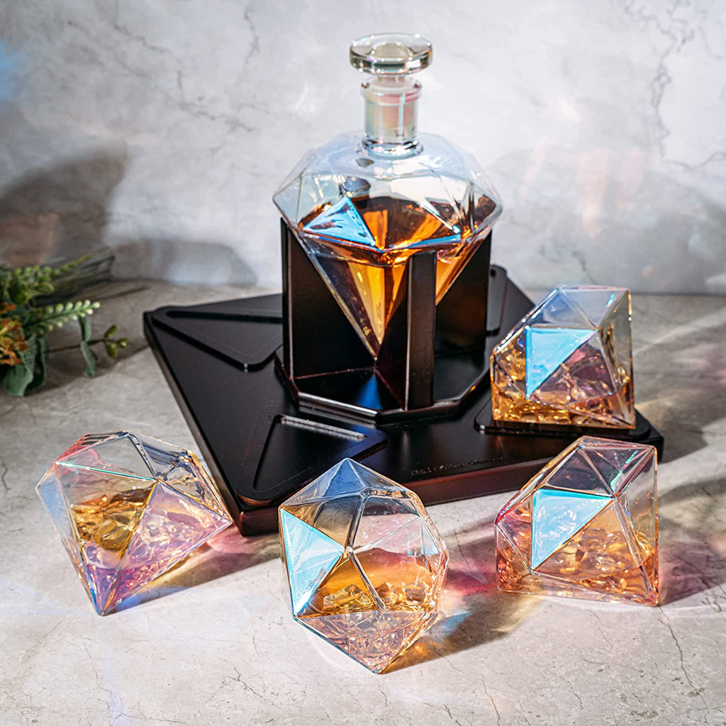 Diamond iridescent whiskey decanter set with two glasses on a mahogany wood stand — view 2
