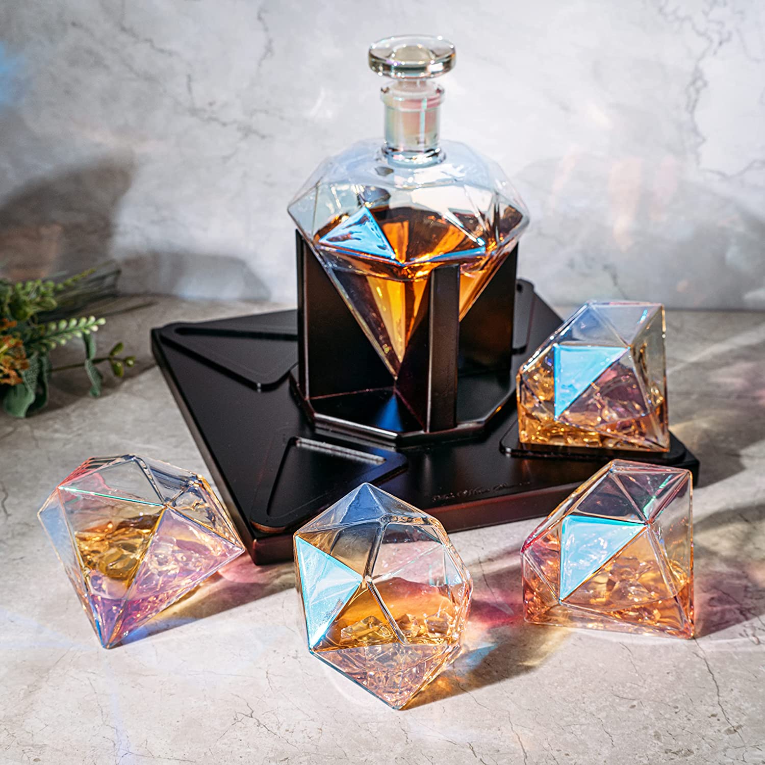 Diamond iridescent whiskey decanter set with two glasses on a mahogany wood stand — view 2