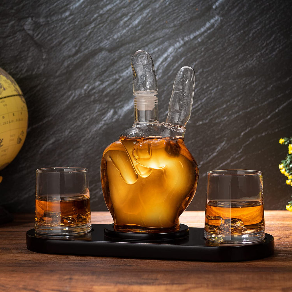 Peace sign wine and whiskey decanter crafted from clear glass for entertaining and home bars — view 4