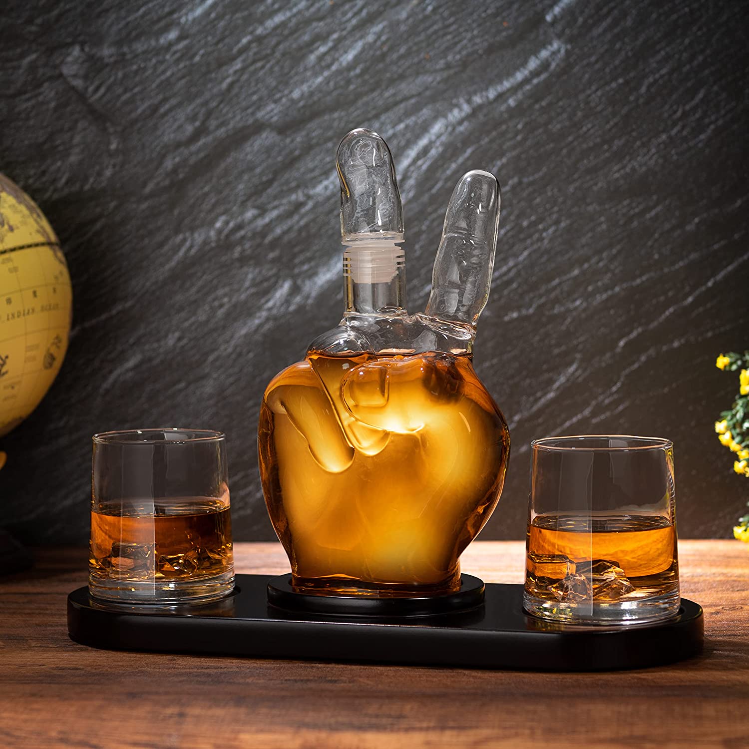 Peace sign wine and whiskey decanter crafted from clear glass for entertaining and home bars — view 4