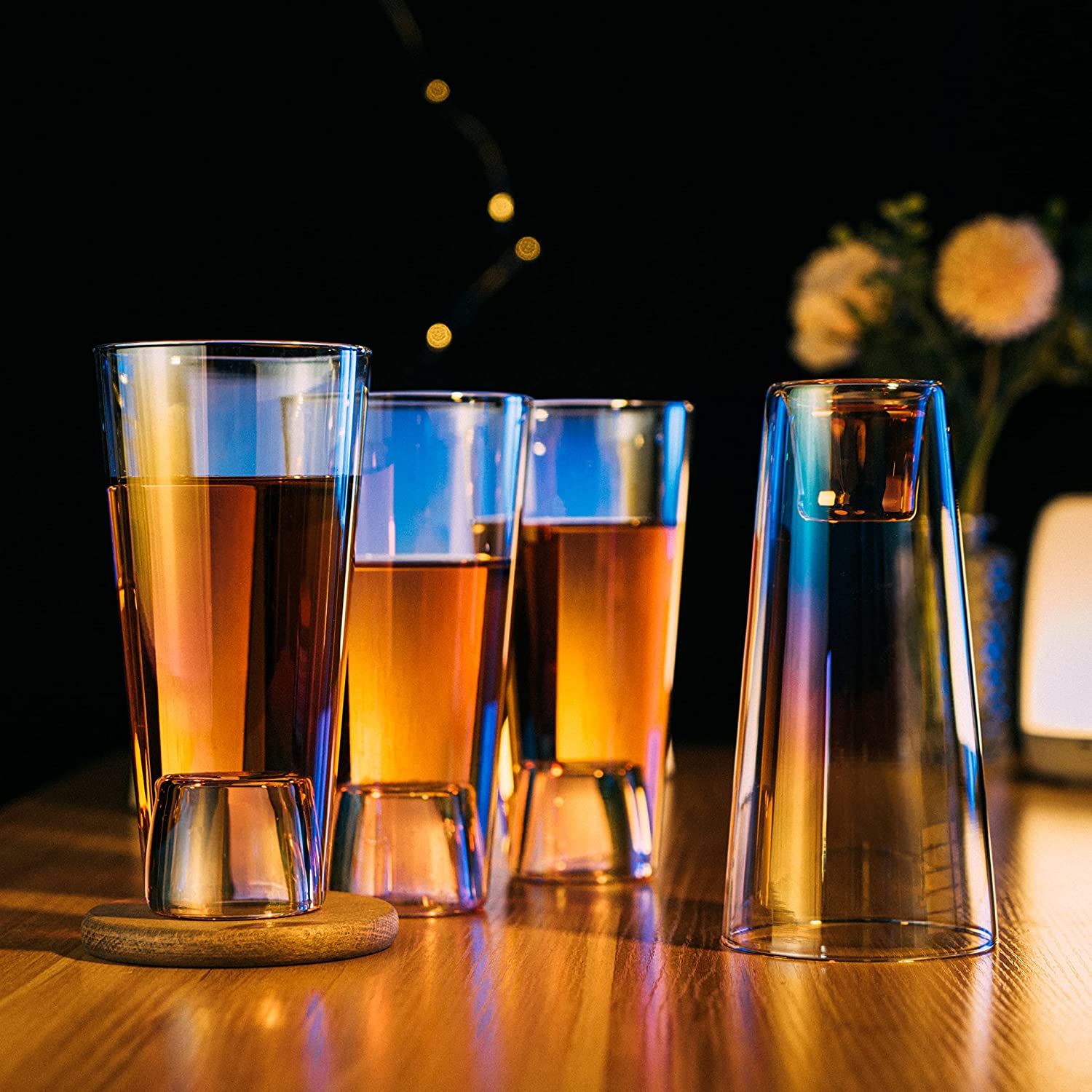 Four iridescent 2-in-1 beer pint and shot glasses crafted from high quality lead free crystal — view 4