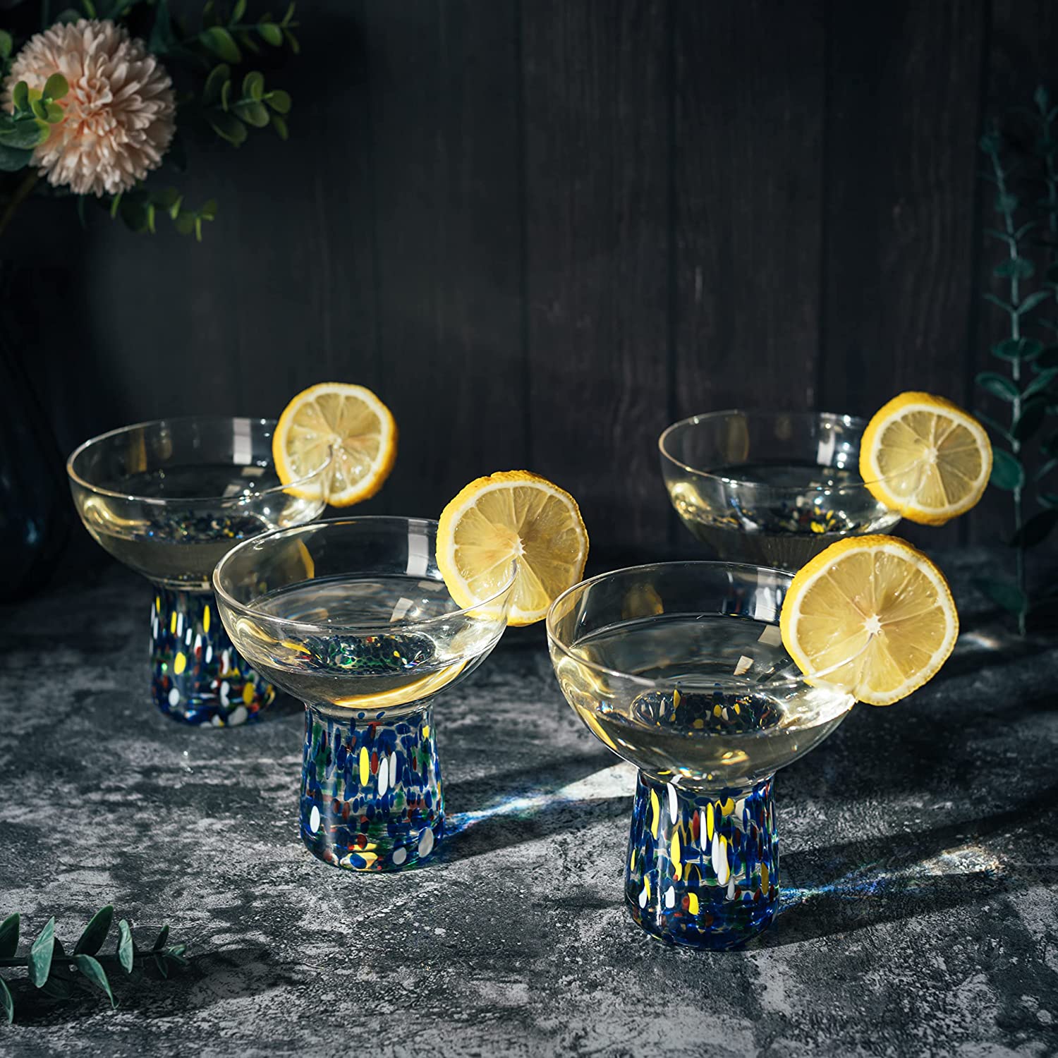 Stemless confetti margarita glasses set of four hand blown colorful cocktail glassware for home bars — view 2