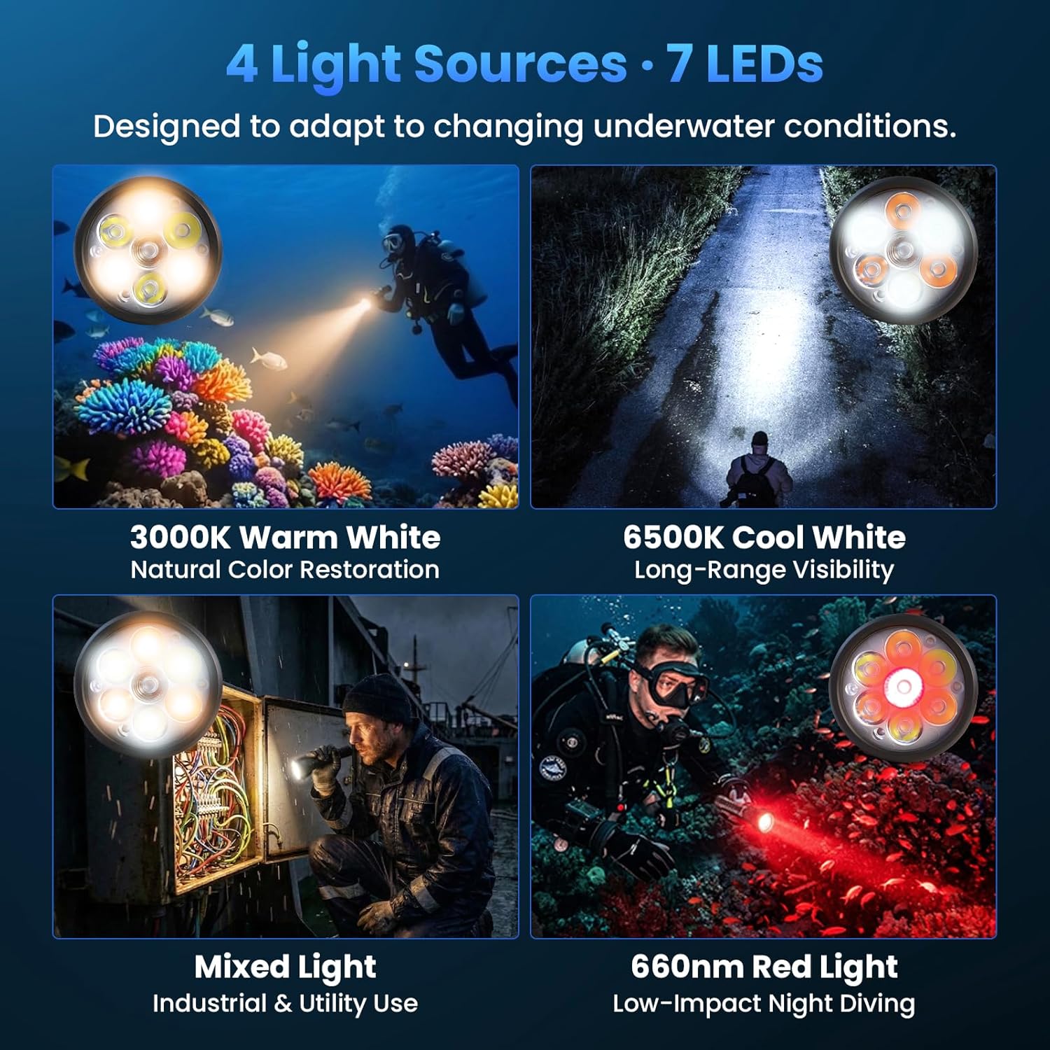 SOFIRN SD11 scuba diving flashlight showing bright LED beam and water resistant black metal casing — view 3