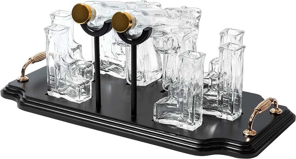 Double pistol whiskey decanter set with six shot glasses on a wooden display stand — view 5