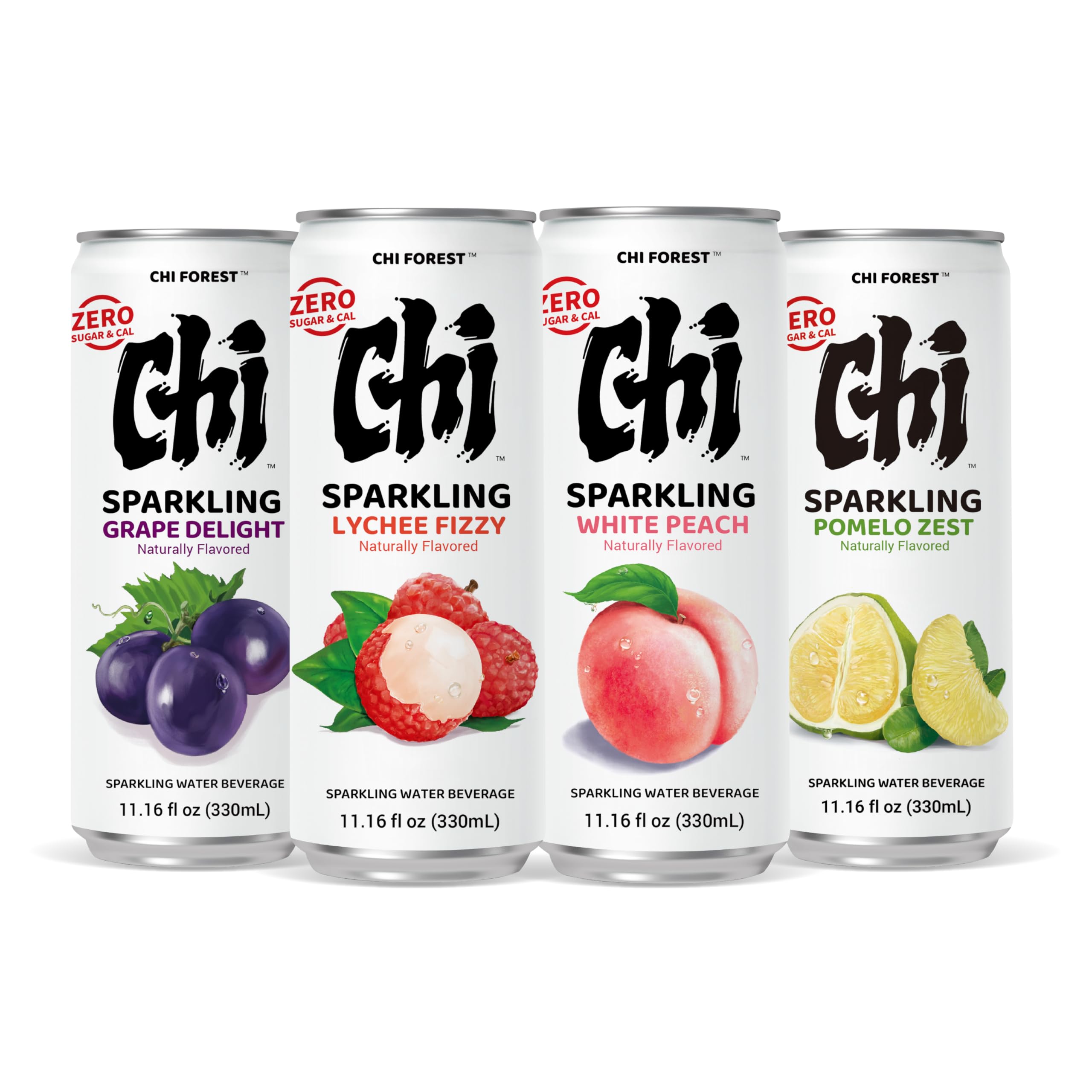 CHI FOREST zero sugar sparkling water 24 pack variety case showing four different fruit flavors
