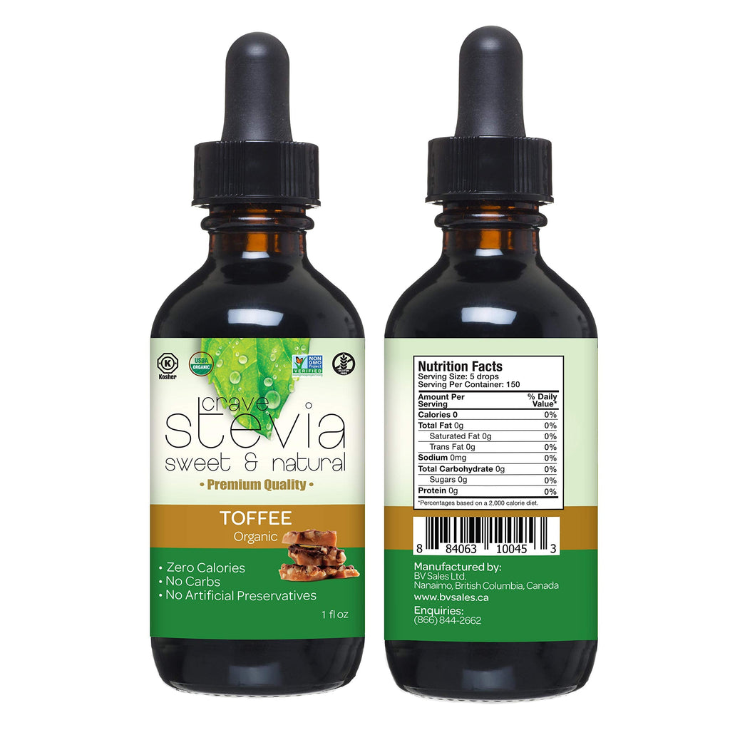 Two 30ml bottles of CraveStevia organic toffee flavor liquid sweetener drops