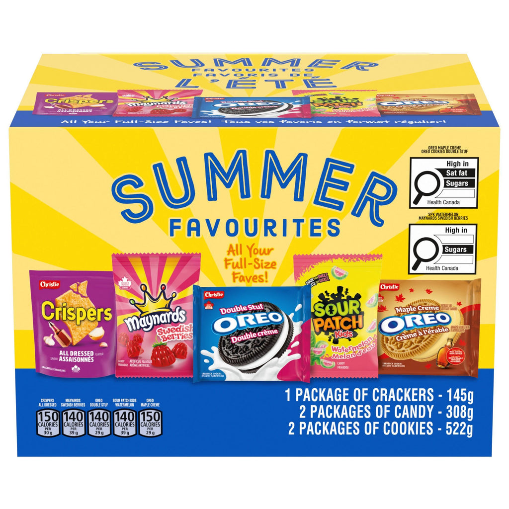 Summer snack box assortment featuring sweet candies, savory crispers, and delicious cookies for beach picnics