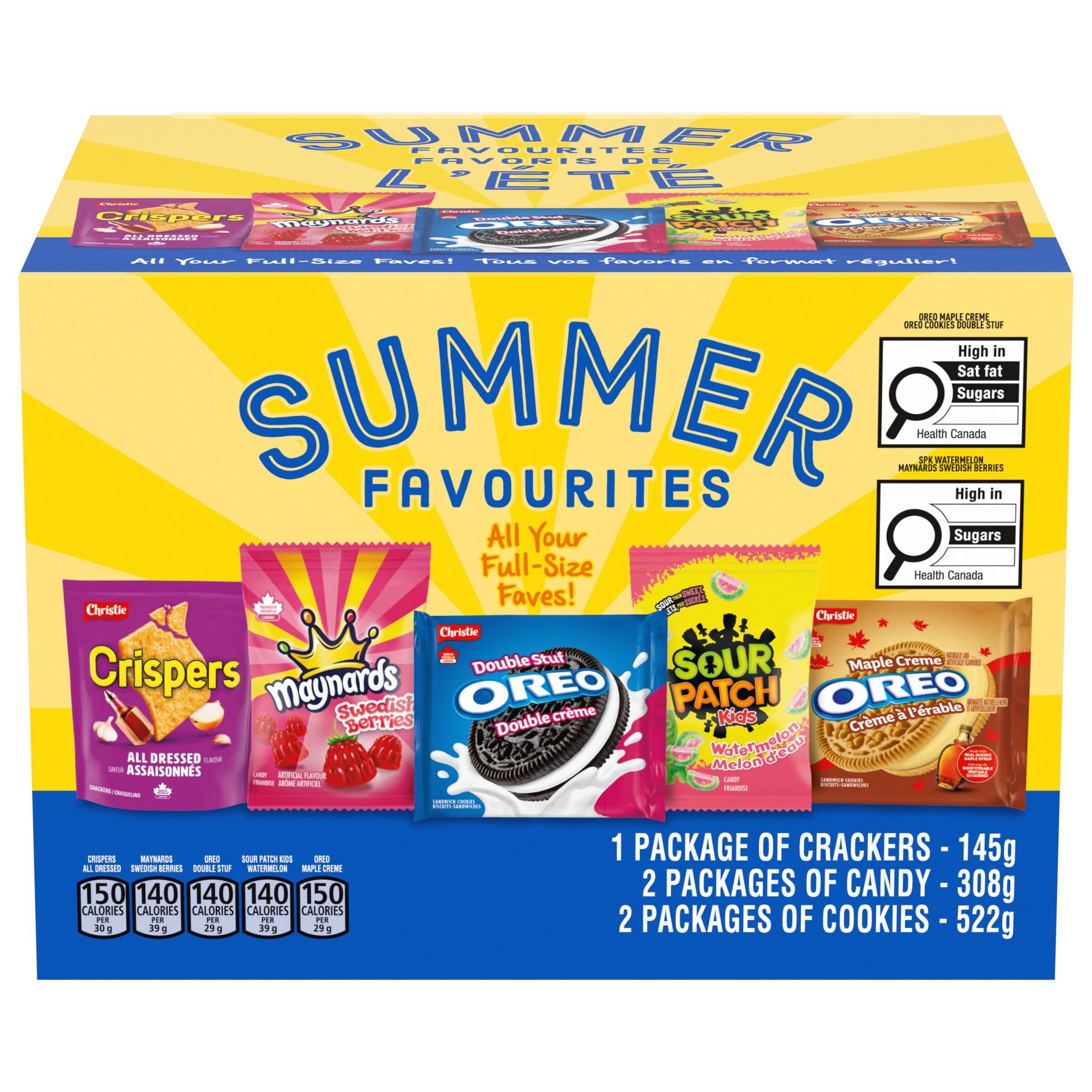 Summer snack box assortment featuring sweet candies, savory crispers, and delicious cookies for beach picnics