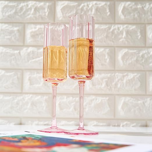Pink flower champagne flutes set of two, elegant vintage tinted glassware for prosecco and wine — view 3