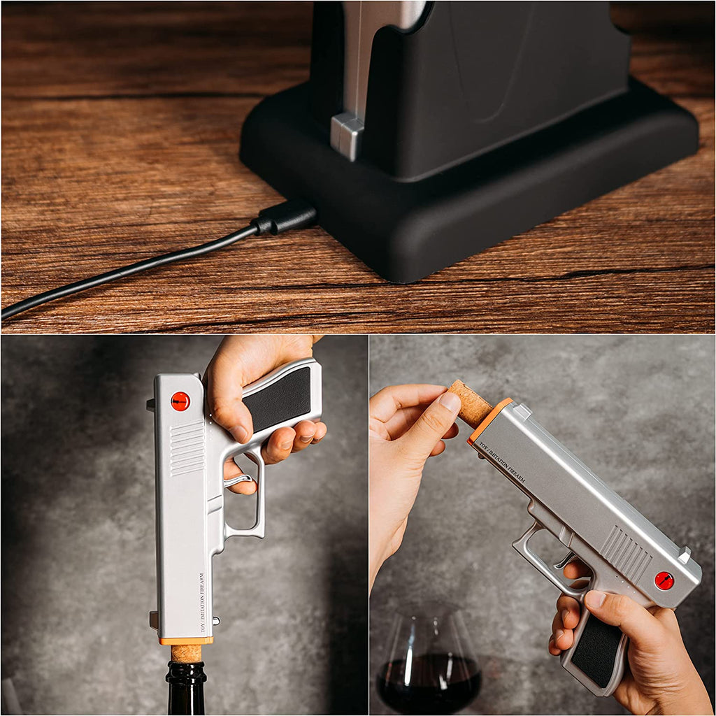 Silver electric pistol wine bottle opener in rechargeable holster dock base — view 3