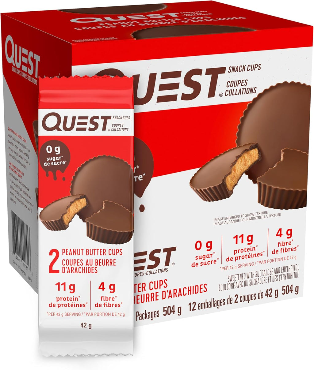 Box of twelve Quest peanut butter cups featuring high protein and low sugar nutritional labels.