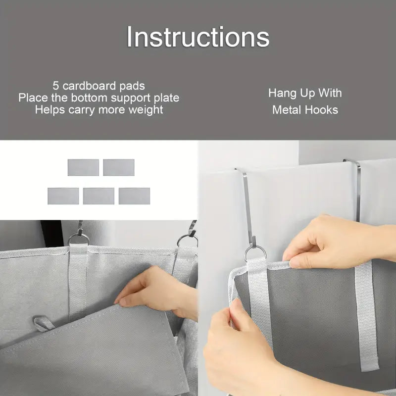 Light gray 5-shelf over-the-door organizer with 10 large side pockets hanging on a white door — view 5