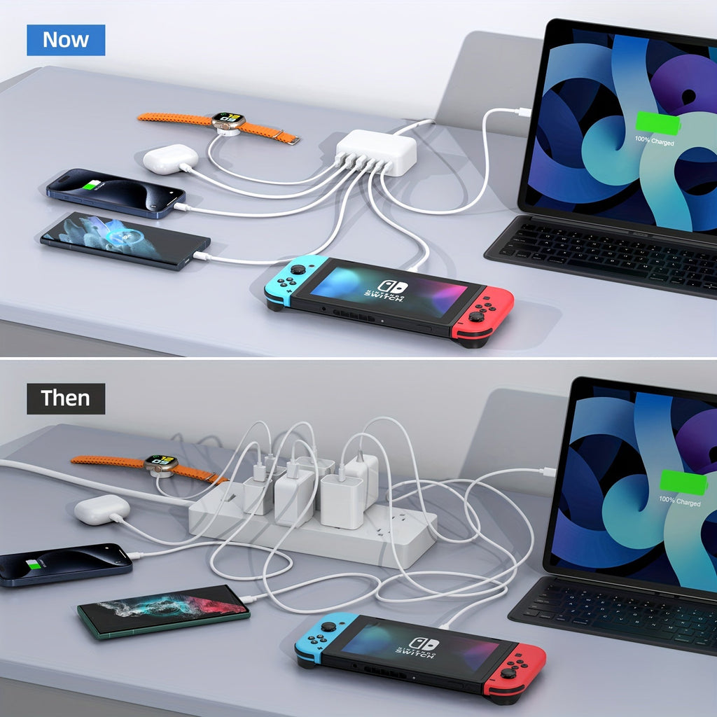 100W 6-port USB-C fast charger showing three Type-C and three USB-A connection slots for devices — view 3