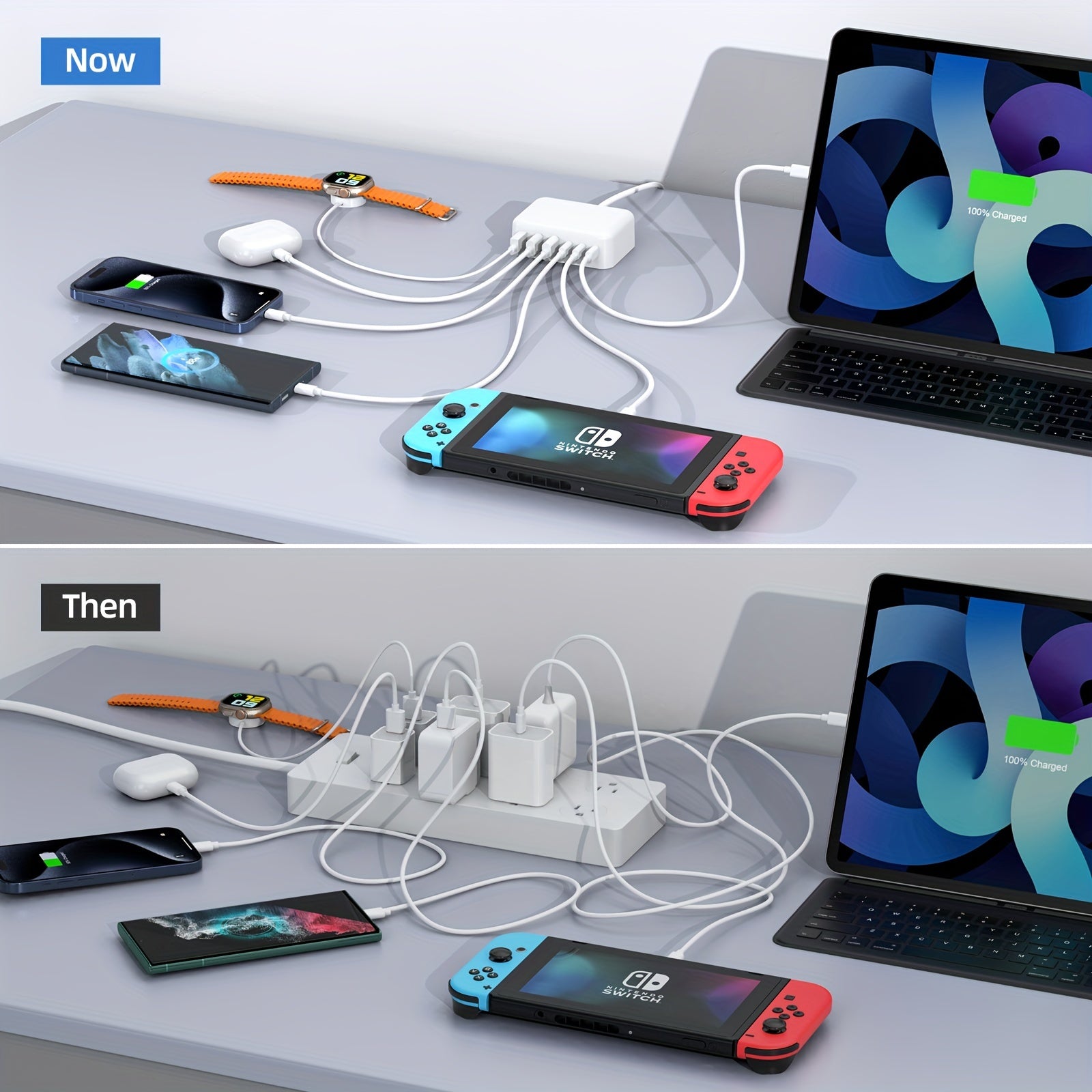 100W 6-port USB-C fast charger showing three Type-C and three USB-A connection slots for devices — view 3