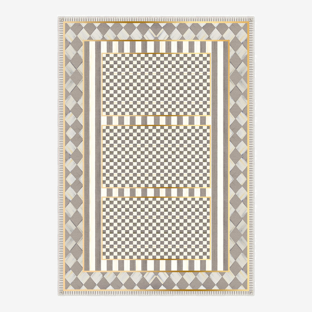 Vintage inspired boho edge area rug with low-pile washable cotton surface and non-slip base