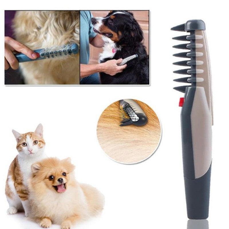 Electric pet comb grooming tool with ergonomic handle and hidden rotating safety blades for detangling.