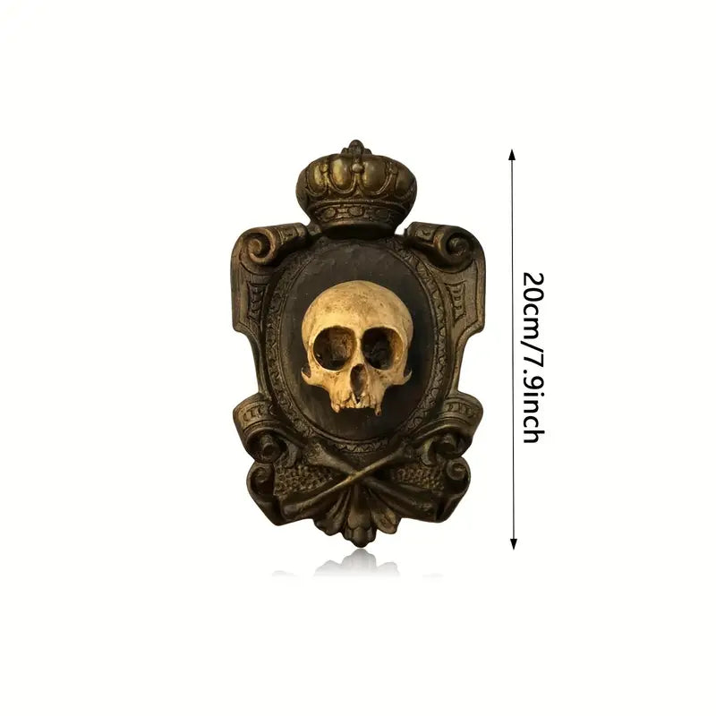 Vintage gothic skull head wall hanging pendant made of intricately carved durable beige resin — view 4