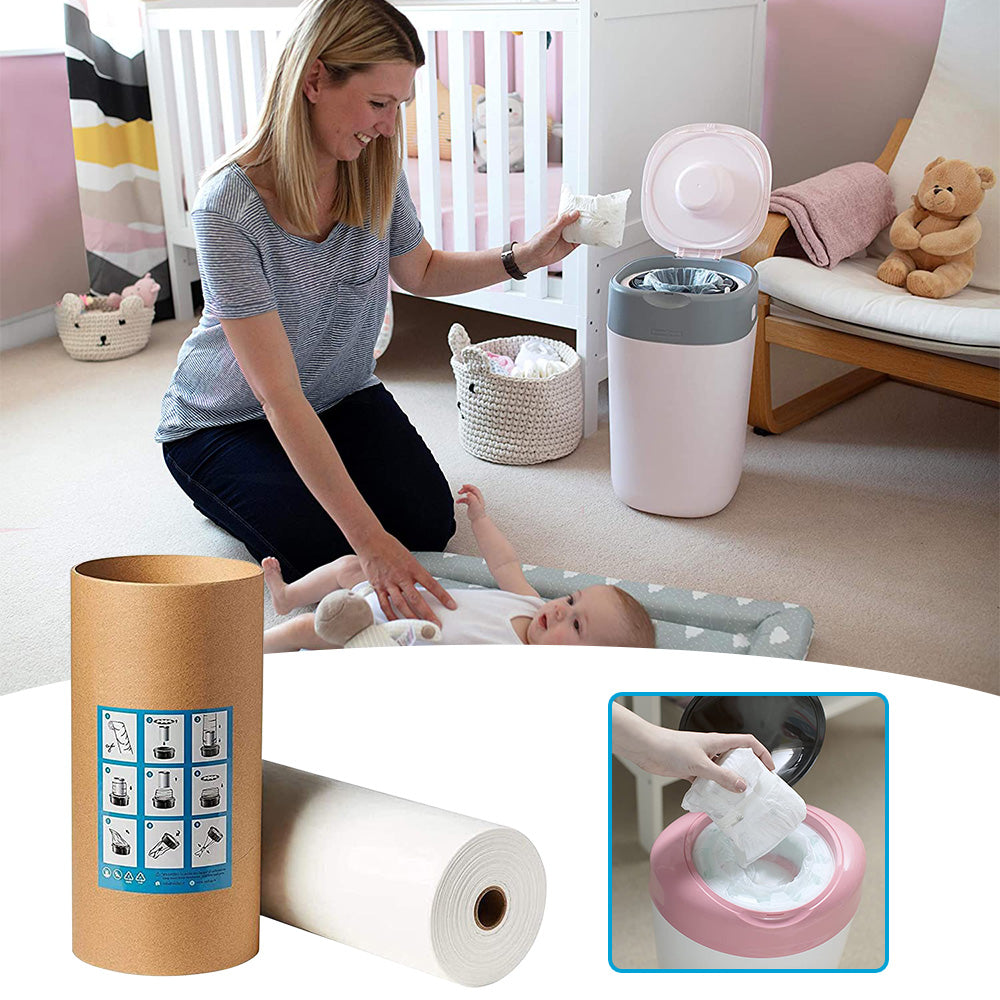 Nappy bin refill roll in white PE material shown with compatible cardboard paper tube — view 5