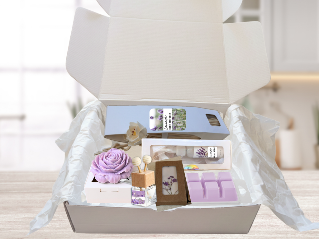 Lavender serenity aromatherapy gift box with room spray, handmade wax melts, and elegant reed diffuser