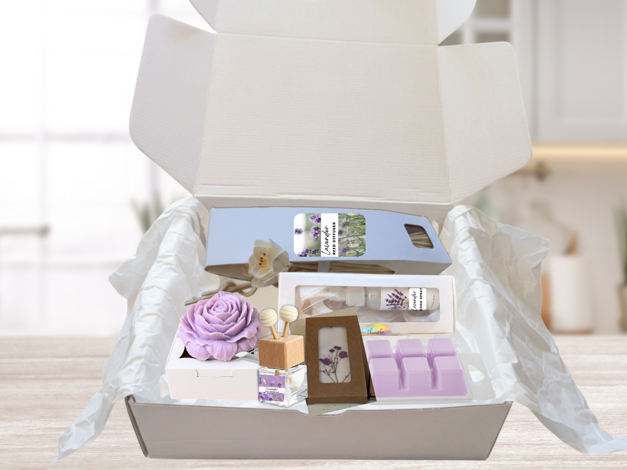 Lavender serenity aromatherapy gift box with room spray, handmade wax melts, and elegant reed diffuser