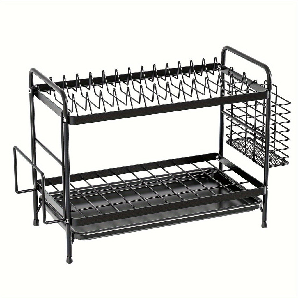 Black metal kitchen dish rack with integrated drainboard, utensil holder, and cutting board organizer