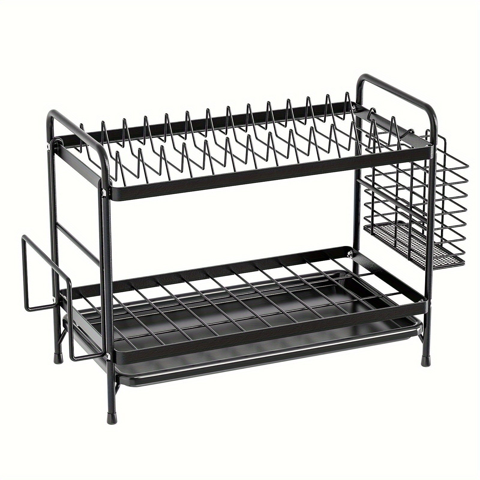 Black metal kitchen dish rack with integrated drainboard, utensil holder, and cutting board organizer