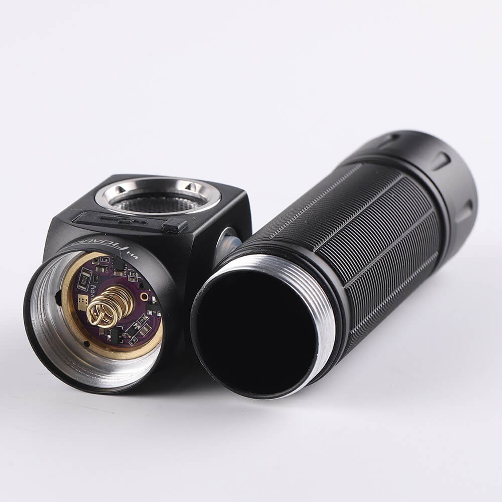 Black aluminum alloy Convoy H4 headlamp with a blue adjustable headband and metallic clip — view 3