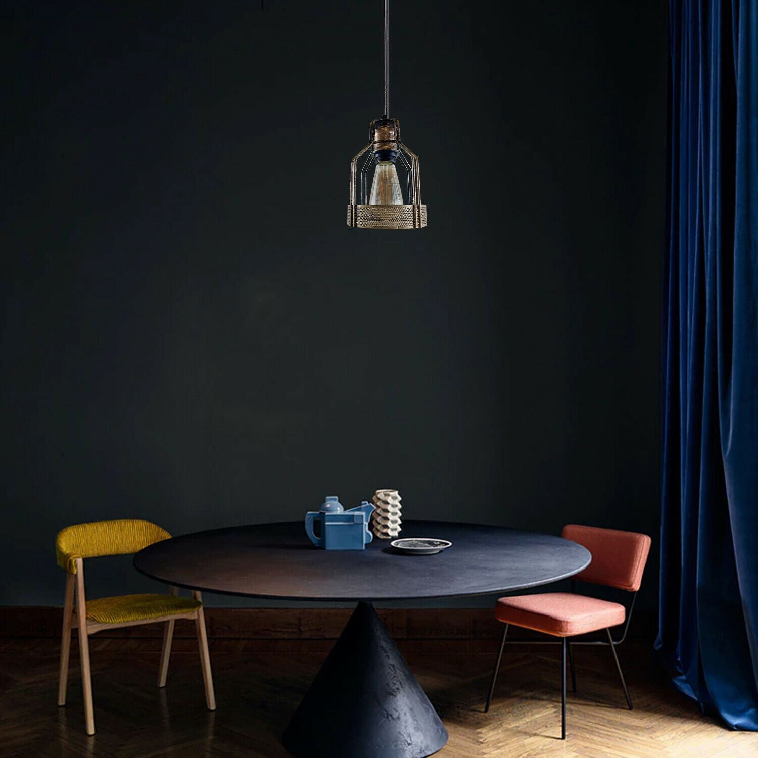 Vintage industrial brushed copper pendant light with a retro birdcage silhouette and hanging cable. — view 5
