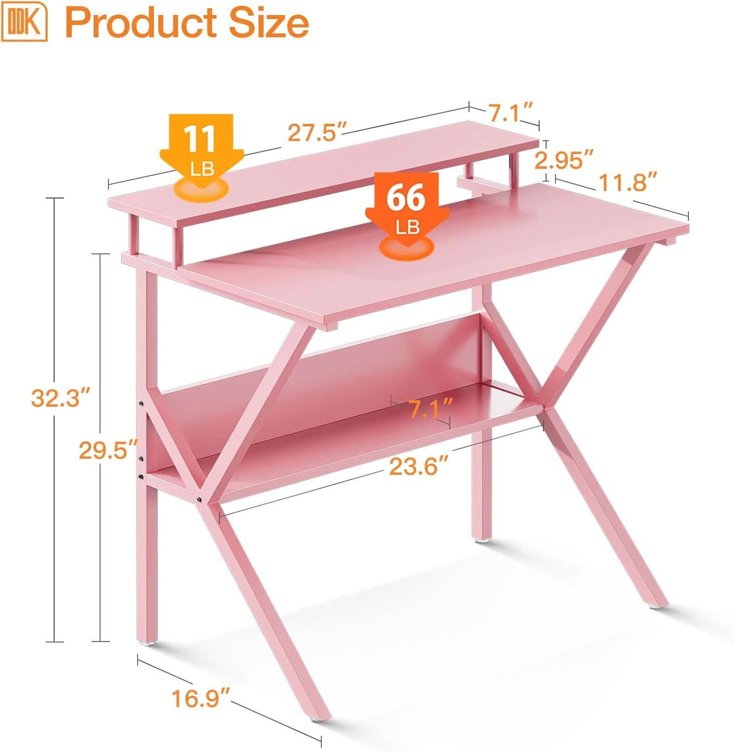Compact 27.5-inch pink computer desk with elevated monitor stand and lower storage shelf — view 3