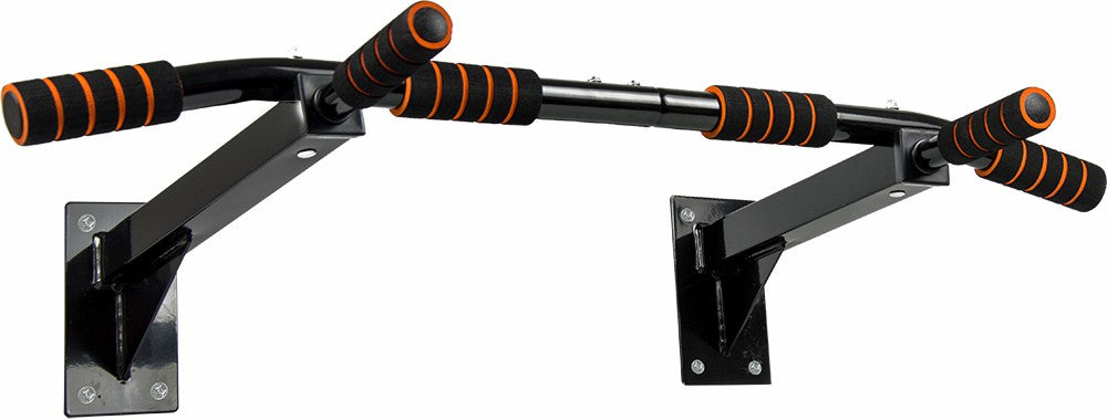 Heavy duty stainless steel wall mounted pull up bar with black and red padded grips — view 5