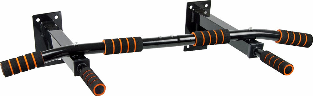 Heavy duty stainless steel wall mounted pull up bar with black and red padded grips — view 4