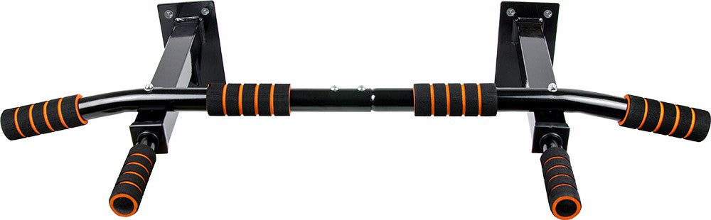 Heavy duty stainless steel wall mounted pull up bar with black and red padded grips — view 3